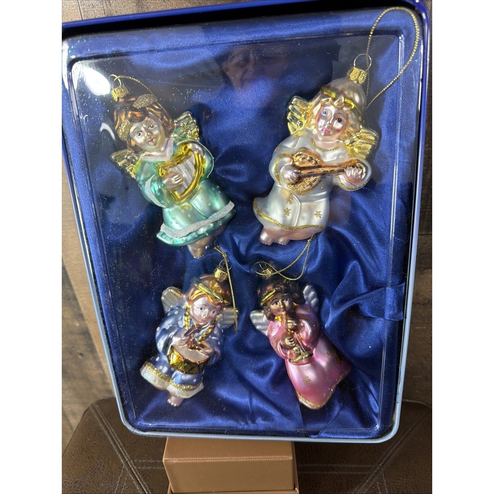 Brass Key Christmas Cherubs Angels Hand Blown Ornaments Vtg 2000 Set Of‎ 4